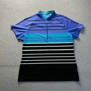 Nancy Lopez DeLux DriGolf Polo Shirt Women Large Blue Teal Black Striped 1/4 Zip